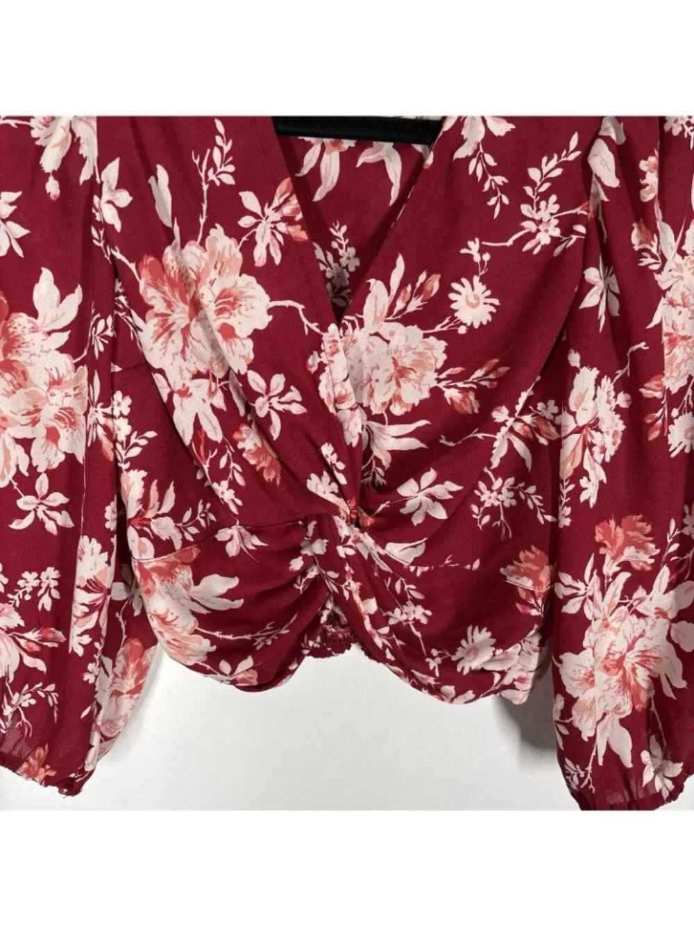 Abercrombie & Fitch Women S Red Floral Puff Sleeve Twist Knot Front Crop Blouse